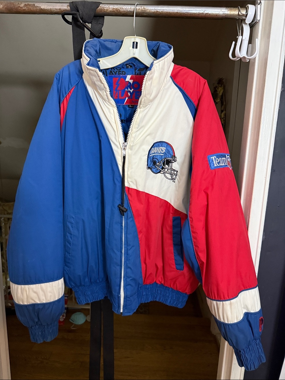 Vintage Giants NFL Team Colorblock Bomber Jacket in Blue, Red & White